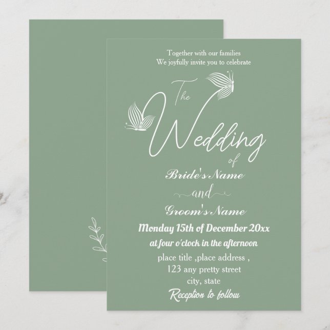 Romantic elegant sage green butterflies wedding invitation (Front/Back)