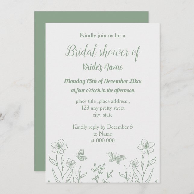 Romantic elegant sage green floral bridal shower invitation (Front/Back)
