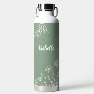 Romantic elegant sage green floral water bottle