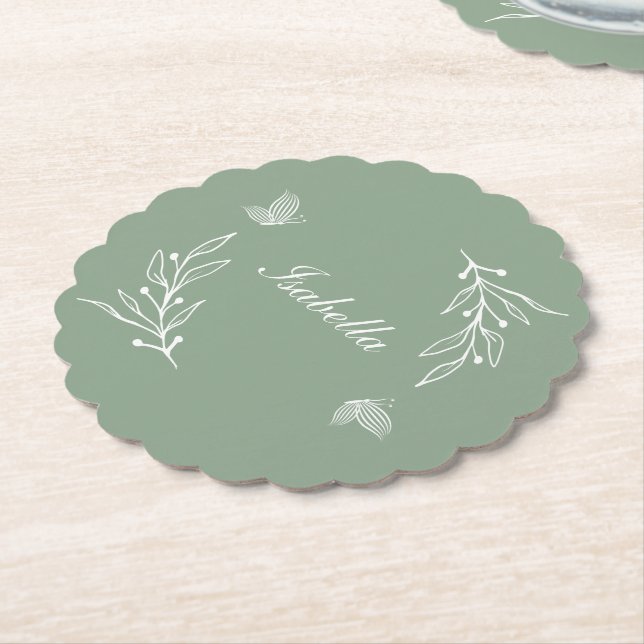 Romantic elegant sage green floral wedding paper coaster (Angled)