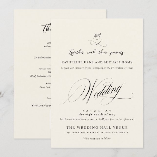 Romantic Elegant Script Calligraphy Wedding Invitation (Front/Back)