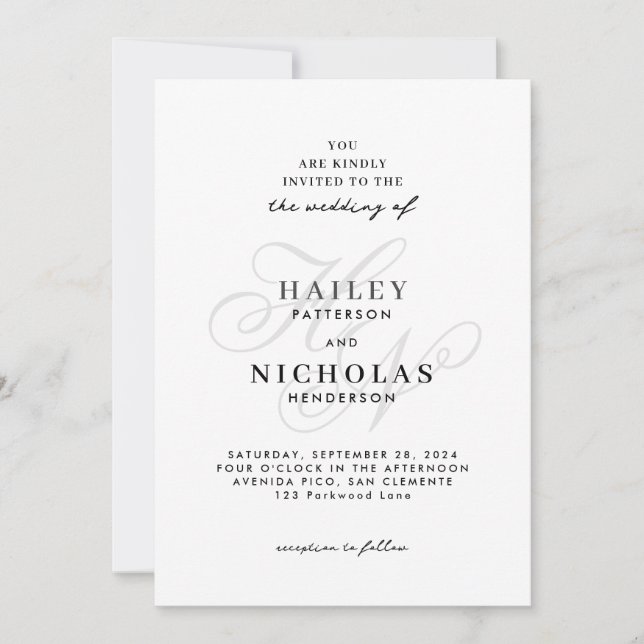 Romantic Elegant Script Monogram White Wedding Invitation (Front)