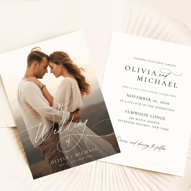 Romantic Elegant Script Sunset Photo Wedding Invitation (Creator Uploaded)
