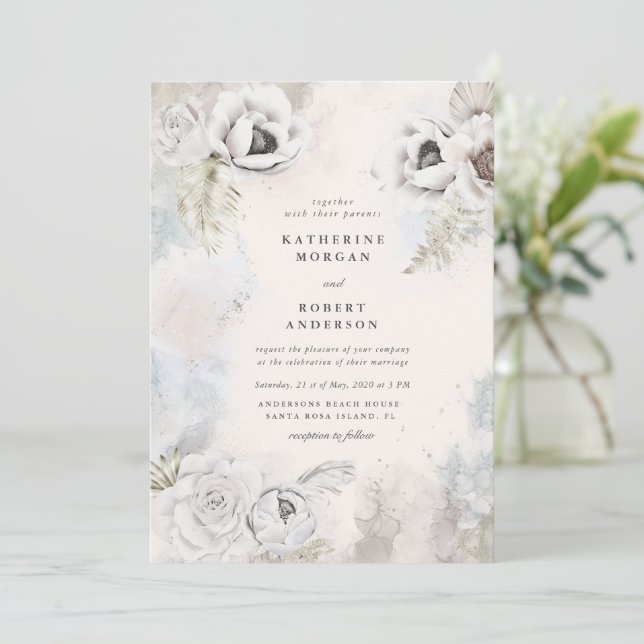 romantic elegant silver floral wedding invitation (Standing Front)