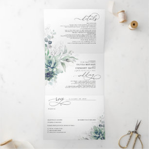 Romantic Elegant Silver Succulent Greenery Wedding Tri-Fold Invitation