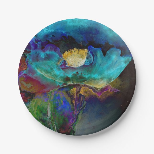 Romantic elegant teal floral watercolor painting paper plate (Front)