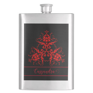 Romantic, Elegant Vintage Red Damask  Hip Flask