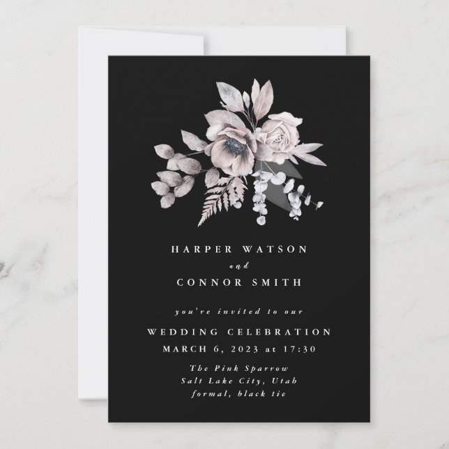 Romantic Elegant Watercolor Black Floral Wedding Invitation (Front)