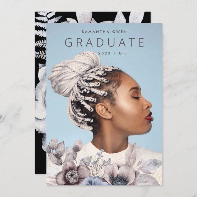 Romantic Elegant Watercolor Floral University Grad Announcement (Front/Back)