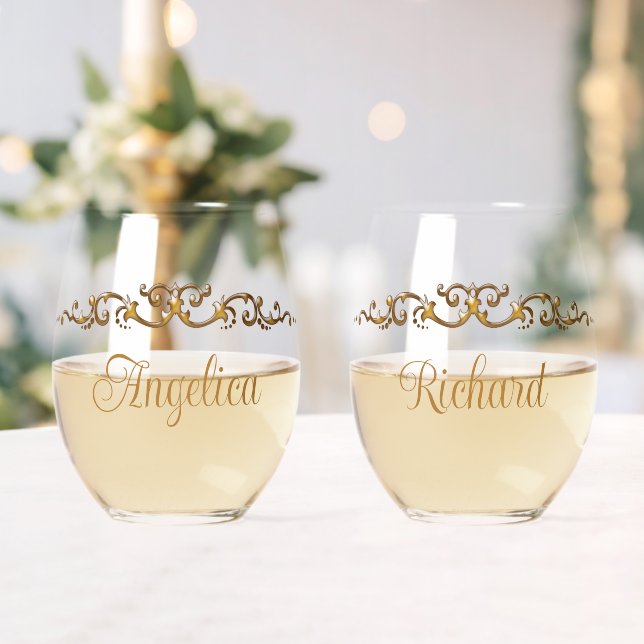 Romantic, Elegant, Whimsical Gold Personalised Stemless Wine Glass (Insitu (Wedding))