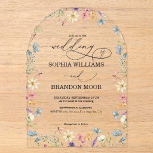 Romantic Elegant Wildflowers Butterfly Wedding Acrylic Invitations