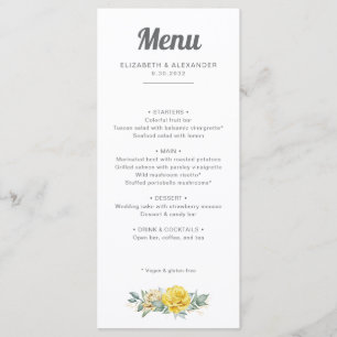 Romantic elegant yellow roses watercolor wedding menu