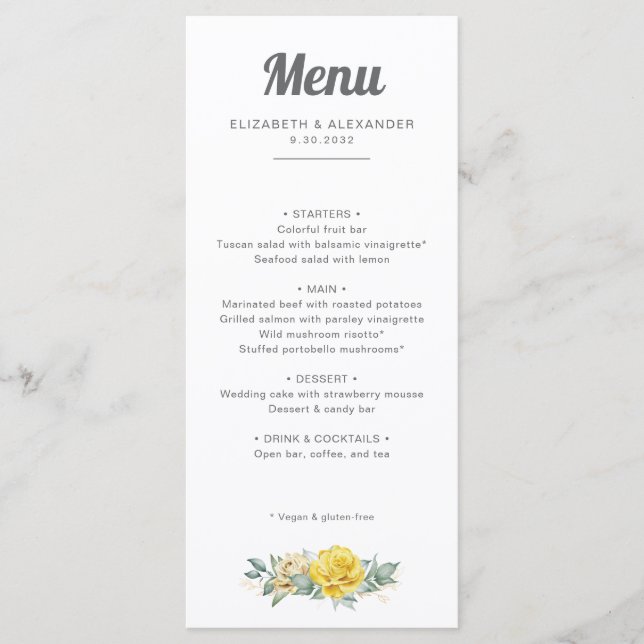 Romantic elegant yellow roses watercolor wedding menu (Front)