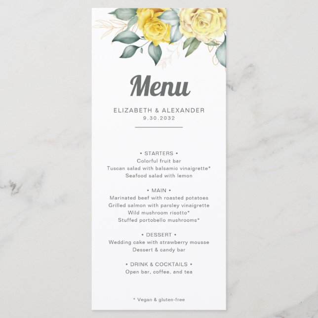 Romantic elegant yellow roses watercolor wedding menu (Front)