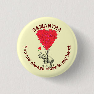 Romantic elephant and red heart personalised 3 cm round badge
