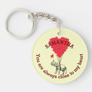 Romantic elephant and red heart personalised key ring