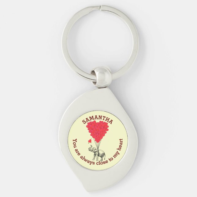 Romantic elephant and red heart personalised key ring (Front)