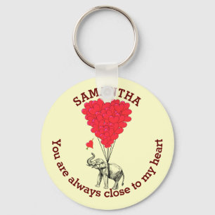 Romantic elephant and red heart personalised key ring