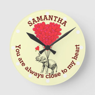 Romantic elephant and red heart personalised round clock