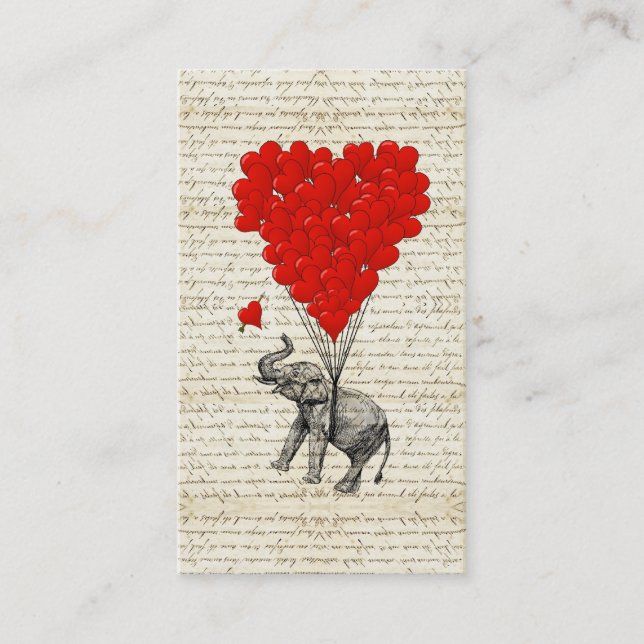 Romantic elephant & heart balloons business card (Front)