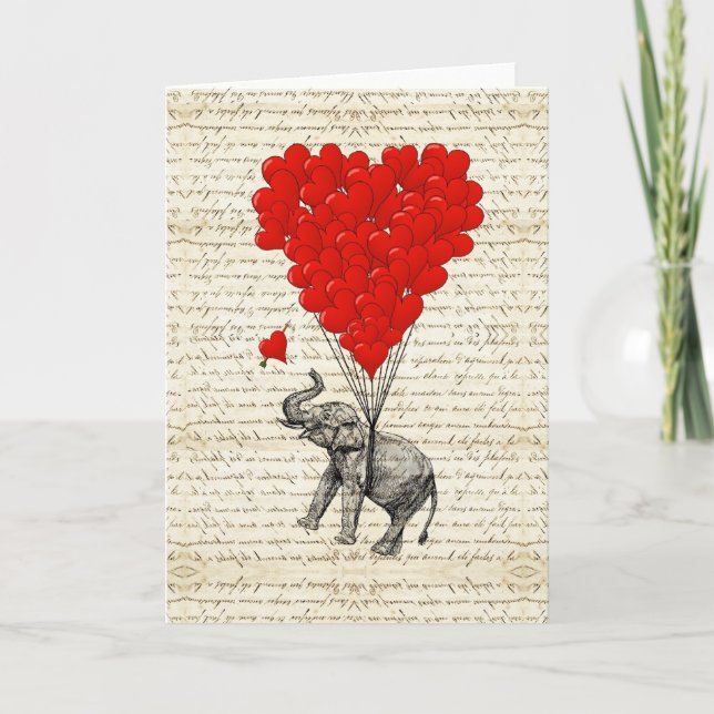 Romantic elephant & heart balloons card (Front)