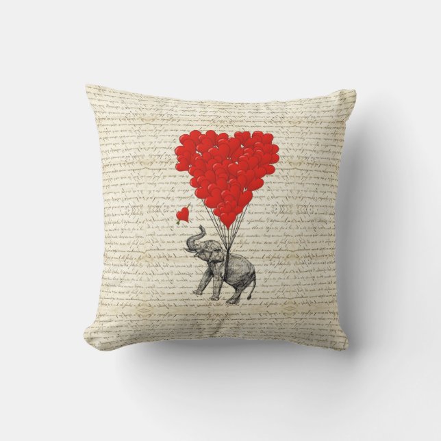 Romantic elephant & heart balloons cushion (Front)