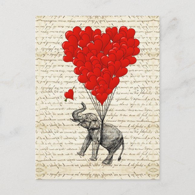 Romantic elephant & heart balloons postcard (Front)