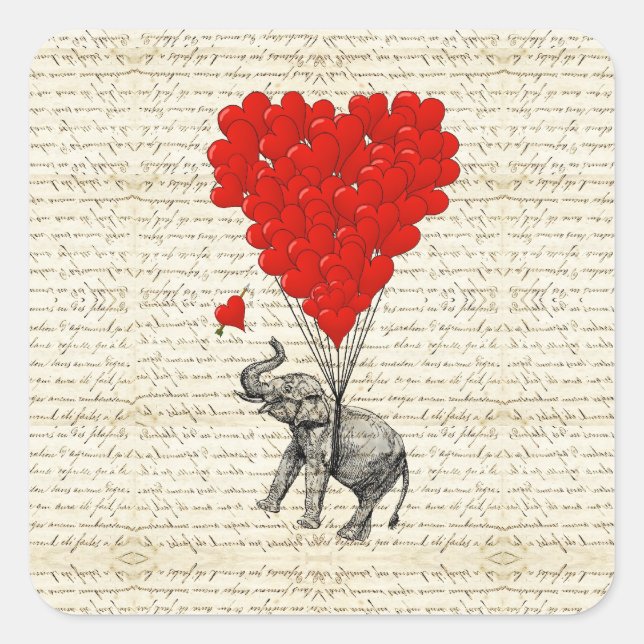 Romantic elephant & heart balloons square sticker (Front)