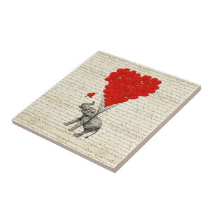 Romantic elephant & heart balloons tile