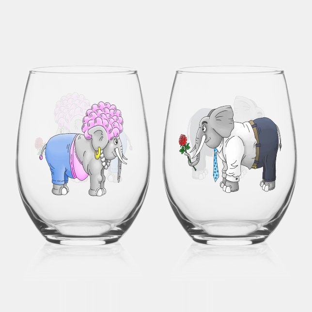 Romantic Elephants Stemless Wine Glass (Front)