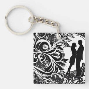 Romantic Embrace White & Black Floral Silhouette Key Ring