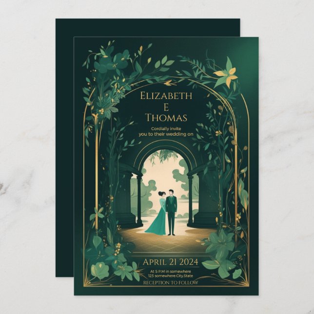 Romantic Emerald Green And Gold. Invitation (Front/Back)