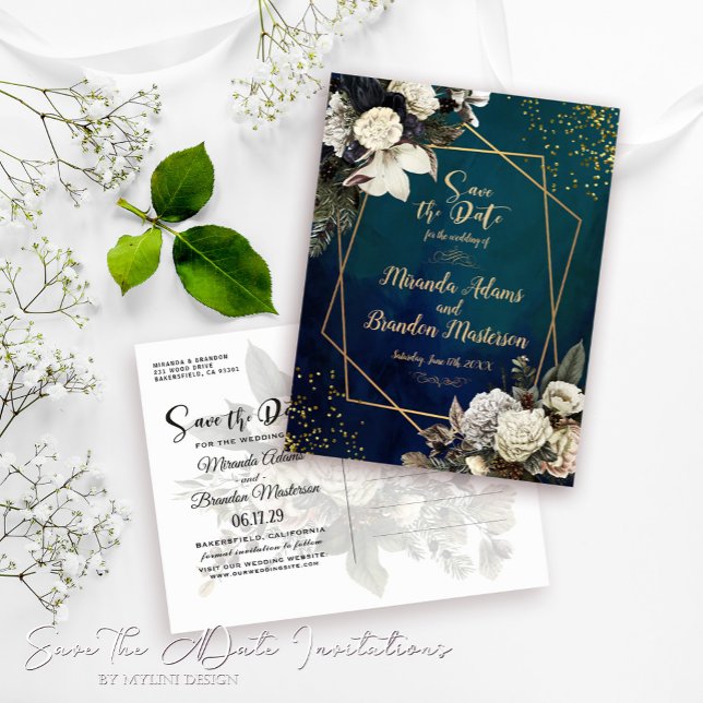 Romantic Emerald Green Gold Floral Save the Date Announcement Postcard (Creator Uploaded)