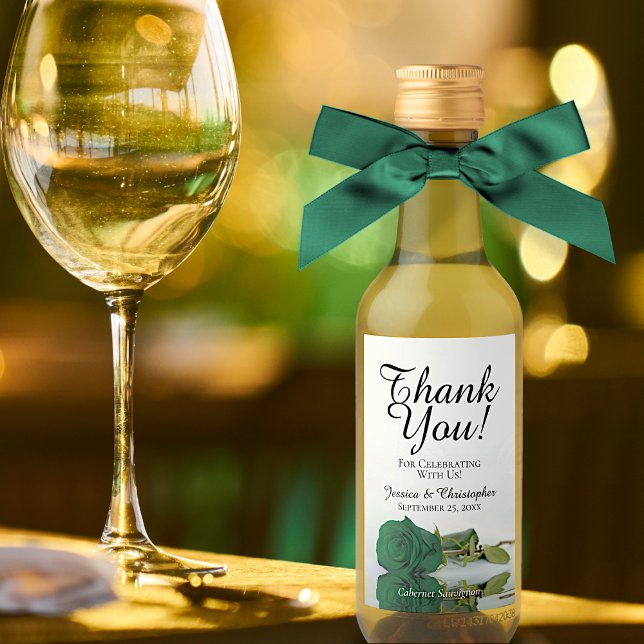 Romantic Emerald Green Rose Wedding Thank You Mini Wine Label (Creator Uploaded)