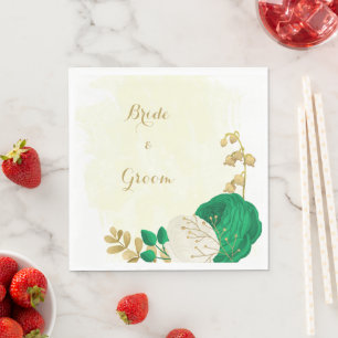 Romantic emerald green & white flowers gold napkin
