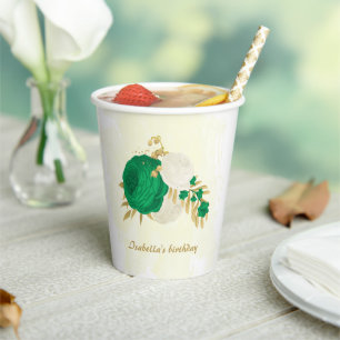 Romantic emerald green & white flowers gold paper cups