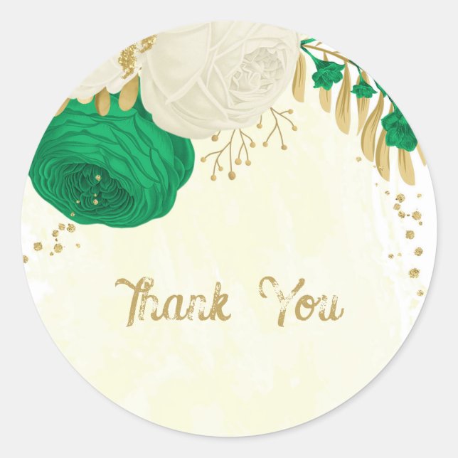 Romantic emerald green & white flowers wedding classic round sticker (Front)