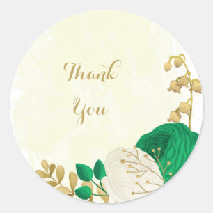 Romantic emerald green & white flowers wedding classic round sticker