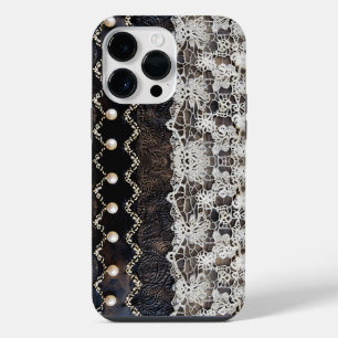 Romantic Espresso Leather Style & Cream Wrap Lace  iPhone 14 Pro Max Case