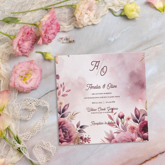 Romantic Ethereal Mauve Floral Wedding Invitation  (Ethereal Mauve Fine Art Floral Wedding Invitation Flat Card)