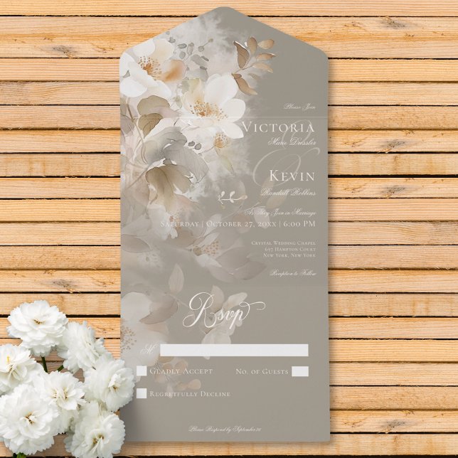 Romantic Ethereal Neutral Beige Floral No Dinner All In One Invitation (Romantic Ethereal Neutral Beige Floral No Dinner All In One Invitation)