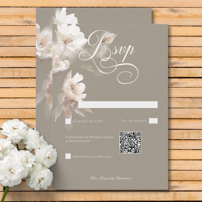 Romantic Ethereal Neutral Beige Floral QR Code RSVP Card (Romantic Ethereal Neutral Beige Floral QR Code RSVP Card)