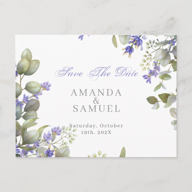 Romantic Eucalyptus & Lavender Wedding Announcement Postcard (Front)