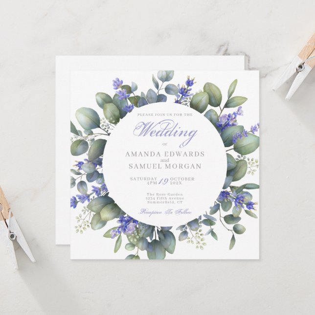 Romantic Eucalyptus & Lavender Wedding Invitation (Front/Back In Situ)