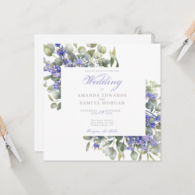 Romantic Eucalyptus & Lavender Wedding Invitation (Front/Back In Situ)