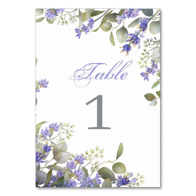Romantic Eucalyptus & Lavender Wedding Table Number (Front)