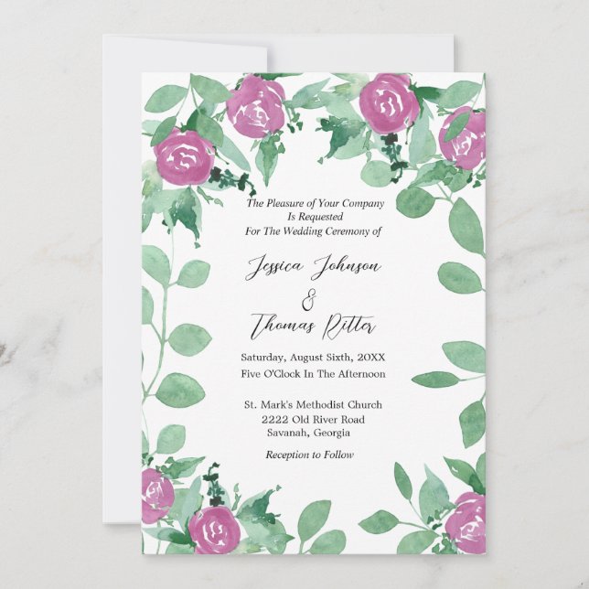 Romantic Eucalyptus Pink Roses Wedding Invitation (Front)