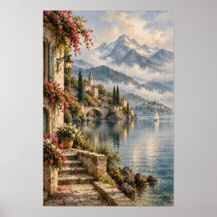 Romantic European Lakeside Village Mountain Wall A Poster