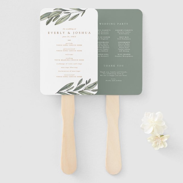 Romantic Evergreen Wedding Program Hand Fan (Front and Back)