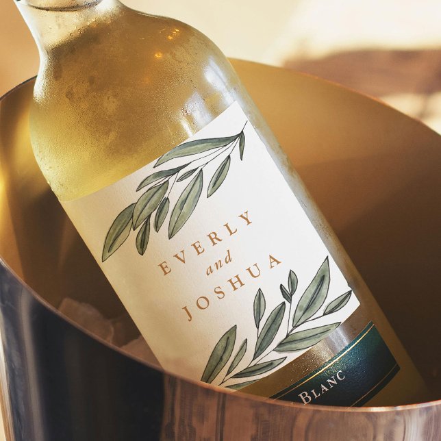 Romantic Evergreen Wine Label (Romantic Evergreen watercolor botanical wedding wine bottle label)